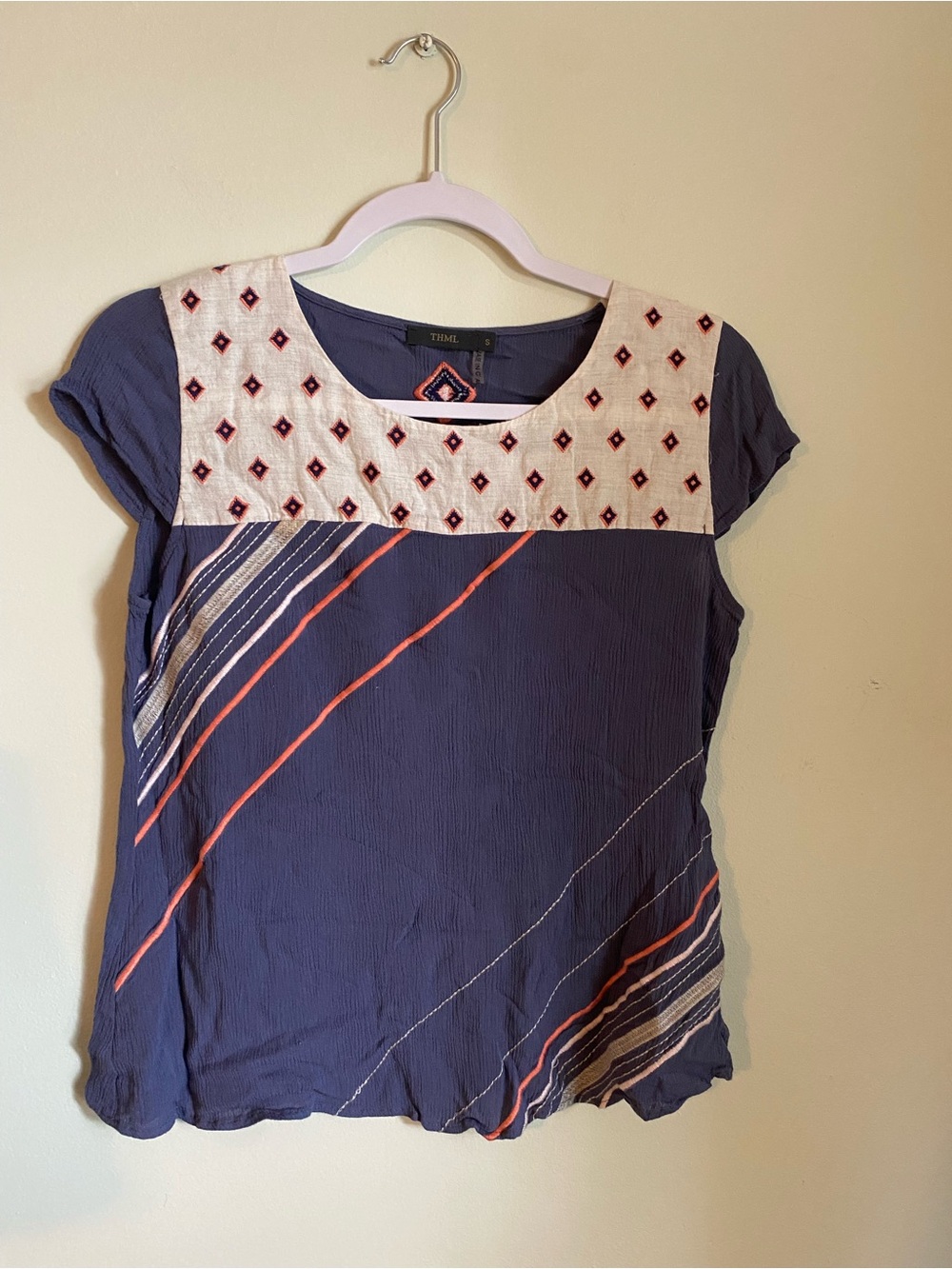 Anthropologie THML Navy Short Sleeve Top with Cream Embroidery and Coral Stripes